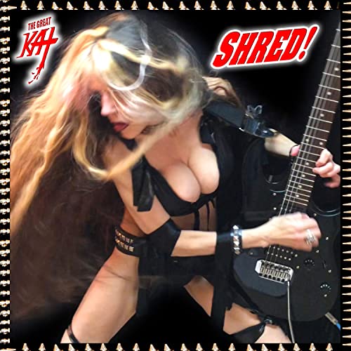 CD cover: Great Kat playing a black electric guitar, long blonde hair.
