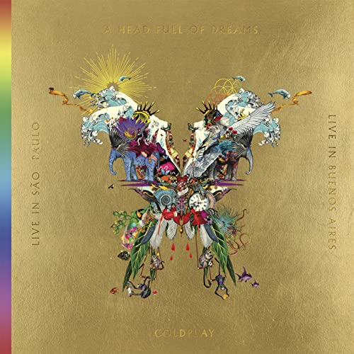 Coldplay album cover: golden background with ornate butterfly illustration.