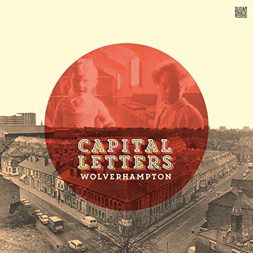 "Album cover with red circle, faded children, and vintage town scene."