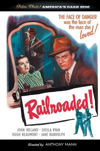 Railroaded" DVD cover: a man in a fedora, woman, and dramatic film noir art.