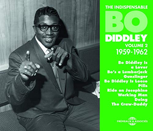 Bo Diddley album cover, black and white portrait with green text.