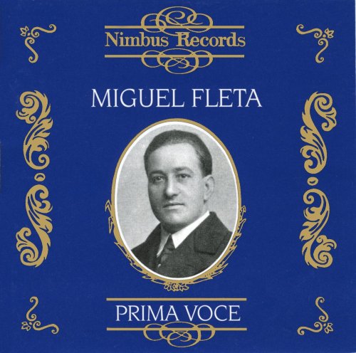 "Blue album cover with black-and-white portrait of Miguel Fleta and ornate black designs."