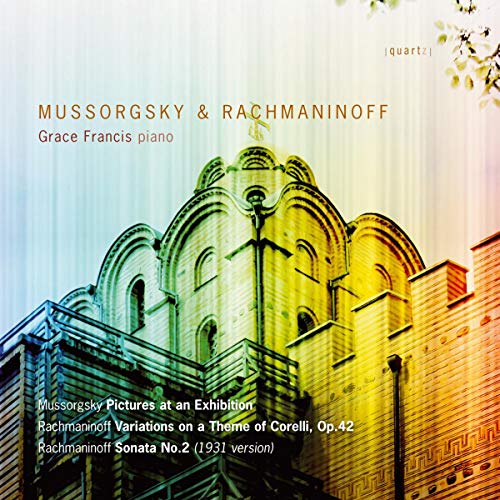 CD cover featuring colorful architecture and text naming composers and pianist.
