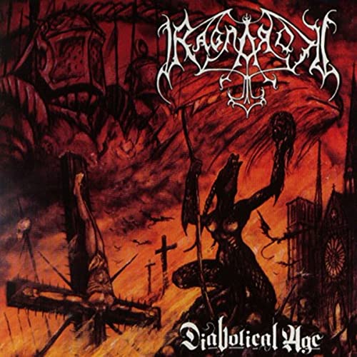 Dark album cover featuring gothic architecture, demonic figures, and band logo "Ragnarok.