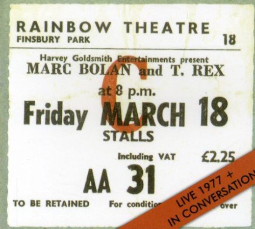 Ticket stub for Marc Bolan concert with red diagonal banner and text overlay.