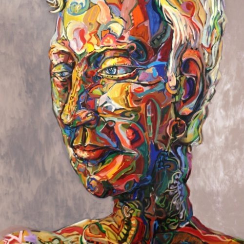 The image depicts a CD cover with a multicolored, abstract portrait of a man's head.
