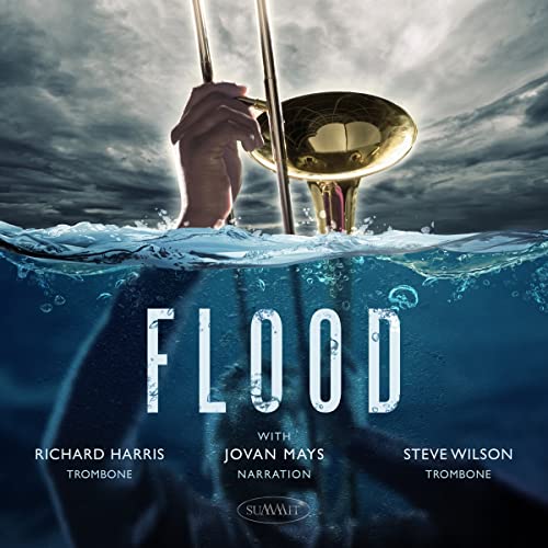 CD cover for "Flood" featuring a trombone partially submerged in water.