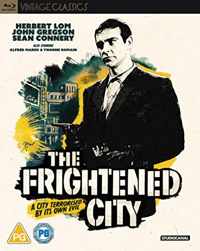 Blu-ray cover for "The Frightened City" featuring a man with a gun.