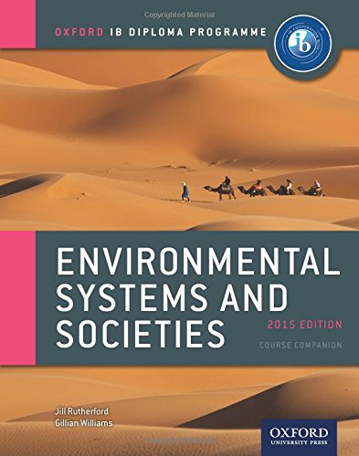 "Textbook cover with desert landscape and camel caravan, titled 'Environmental Systems and Societies'."