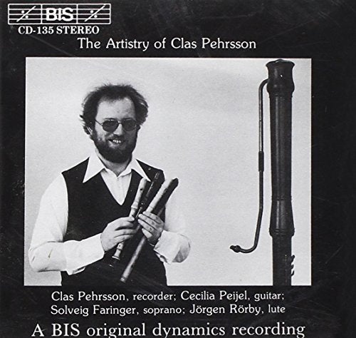 Black and white CD cover featuring a man holding recorders, with a large bassoon.