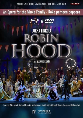 "Robin Hood opera DVD cover with performers on stage and red triangular bunting."