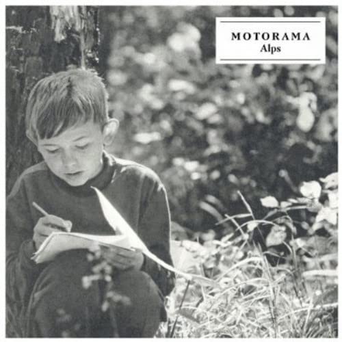 CD cover for Motorama’s “Alps” featuring a boy writing outdoors.
