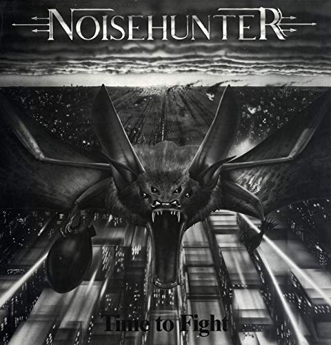 Black and white album cover featuring a bat-like creature over a city.
