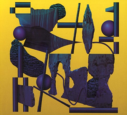 Abstract geometric shapes in dark blue and purple on a yellow background.