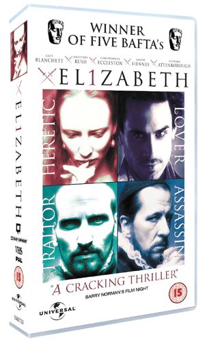 Elizabeth" DVD cover featuring Cate Blanchett as Queen Elizabeth I.