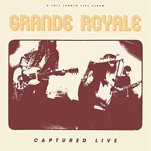 The image depicts a vinyl record cover featuring a band performing on stage. Alt text: "Vinyl record cover with red-toned image of band performing."