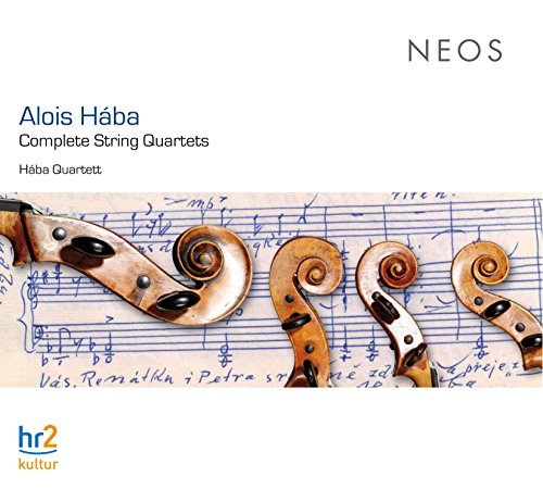Alois Hába CD cover featuring violin scrolls on sheet music with white background.
