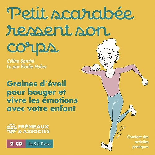 CD cover: illustrated child running, text in French, blue and yellow design.