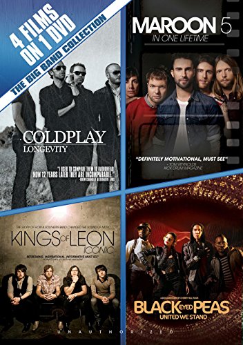 DVD cover with four band concert films: Coldplay, Maroon 5, Kings of Leon, Black Eyed Peas.