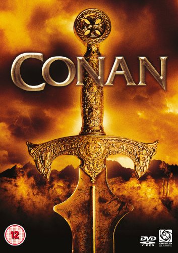"Conan DVD cover featuring an ornate sword against a fiery, cloudy background."
