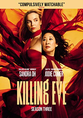 "Killing Eve Season 3" DVD cover featuring two women in red dresses.