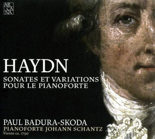 "CD cover featuring a portrait of Haydn with white text on a black background."