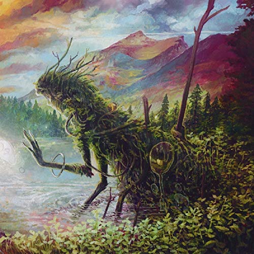 Painted album cover featuring a large, tree-like creature by a lake.