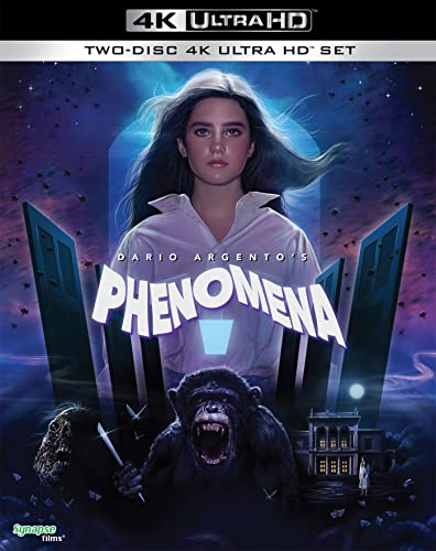 Movie cover for "Phenomena" featuring a woman, a chimpanzee, and a house.