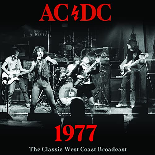 AC/DC band performing onstage, album cover for 1977 live broadcast.