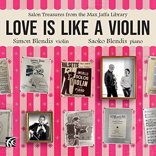 CD cover with sheet music, vintage photos, and pink patterned background.