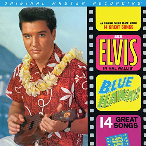 Elvis Presley on CD cover for "Blue Hawaii" soundtrack, holding ukulele.