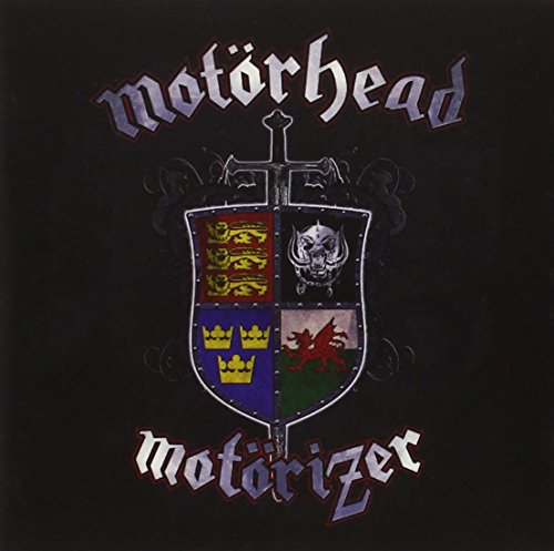 "Black album cover with 'Motorhead' and 'Motorizer' text, featuring a shield emblem."