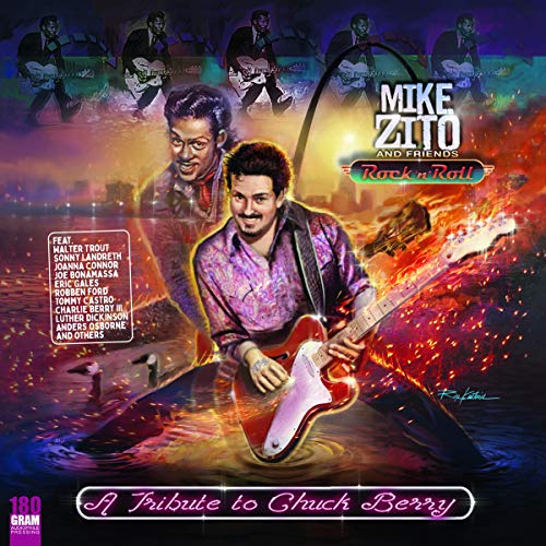 Vinyl album cover featuring a man playing guitar surrounded by flames and cityscape.