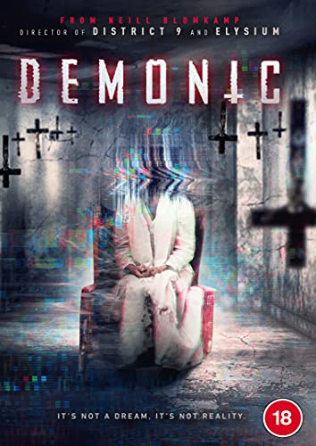 Demonic" DVD cover: woman in a chair, distorted crosses, horror theme.