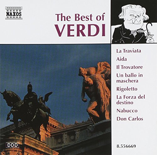 "CD cover with 'The Best of Verdi' title, statue image, and opera titles listed."