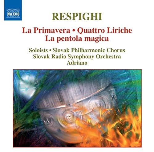 CD cover for Respighi’s orchestral works with abstract, fiery imagery.