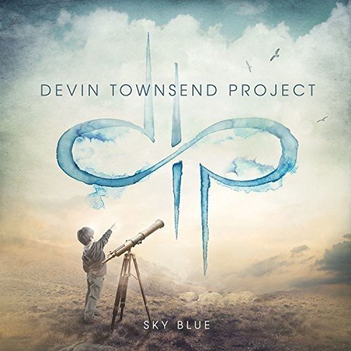"Album cover: man with telescope, blue infinity symbol, cloudy sky, 'Devin Townsend Project Sky Blue'."