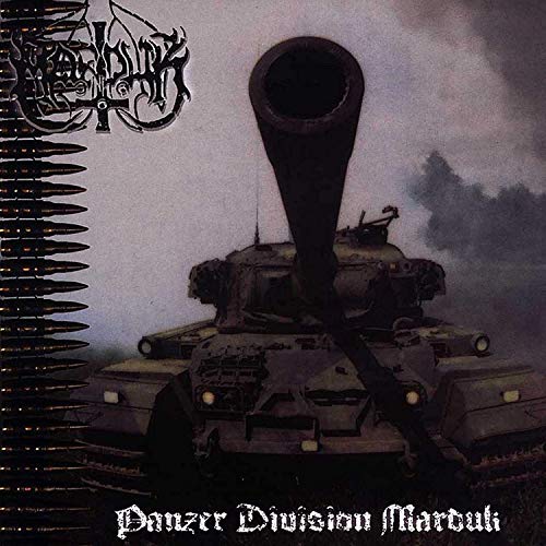"Album cover featuring a tank with a giant cannon, gothic text, and dark imagery."