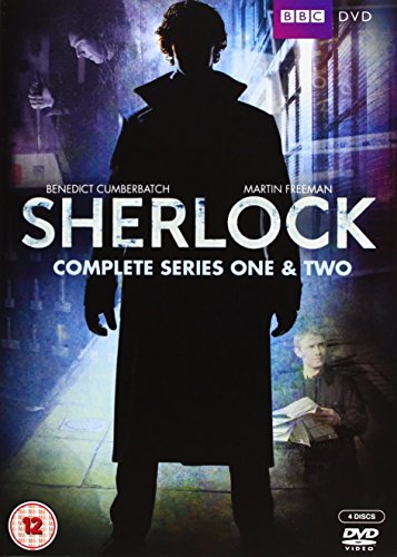 Sherlock DVD cover featuring Benedict Cumberbatch in silhouette, series one and two.