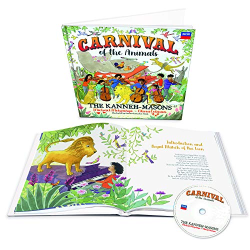 CD case and open book depicting colorful animal illustrations and musicians.