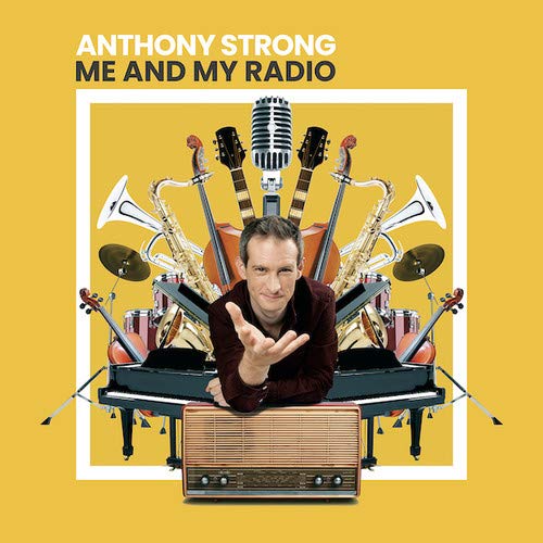 "Album cover with man leaning on a radio, surrounded by musical instruments on yellow background."