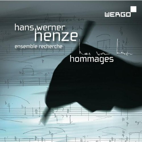 "CD cover with silhouette of a conductor on a musical score background."