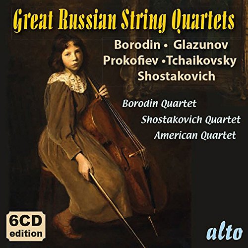 CD cover featuring a young woman with a cello, titled “Great Russian String Quartets.”