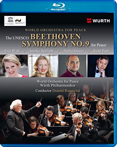 Blu-ray cover for Beethoven Symphony No. 9 featuring soloists and the World Orchestra.