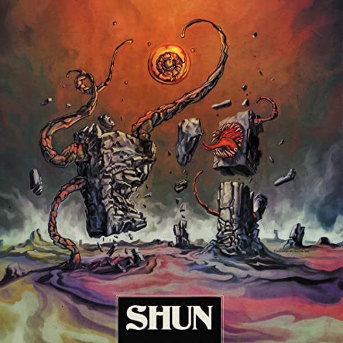 Surreal painting of floating rock structures with tentacles and a glowing orb above.