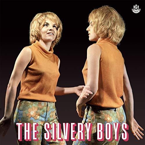 Album cover featuring two blonde men in orange tops and floral pants against a black background.