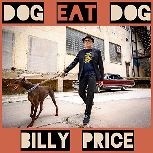 Album cover with man walking a dog, surrounded by orange border and text.