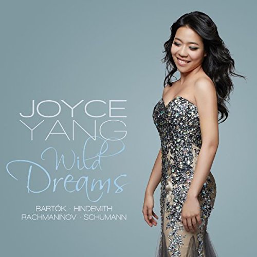 Woman in a sparkly dress on a gray background with album title and composer names.