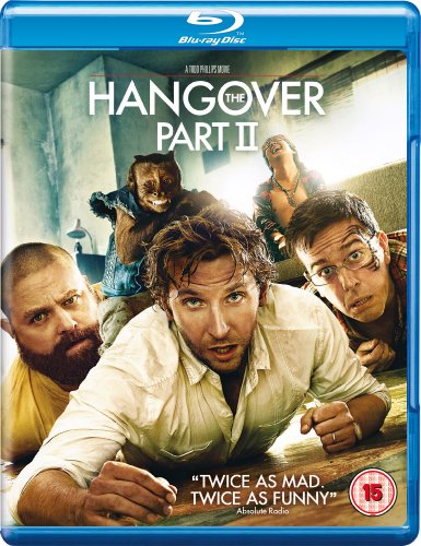 "Blu-ray case for 'The Hangover Part II' with men in a chaotic hotel room scene."