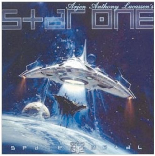 "Album cover featuring a spaceship flying above a planet with a dark blue background."